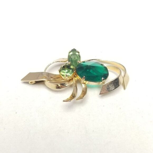 Vintage Green Rhinestone and Gold Tone Retro Brooch, 50s 60s Style, Estate - Picture 5 of 5